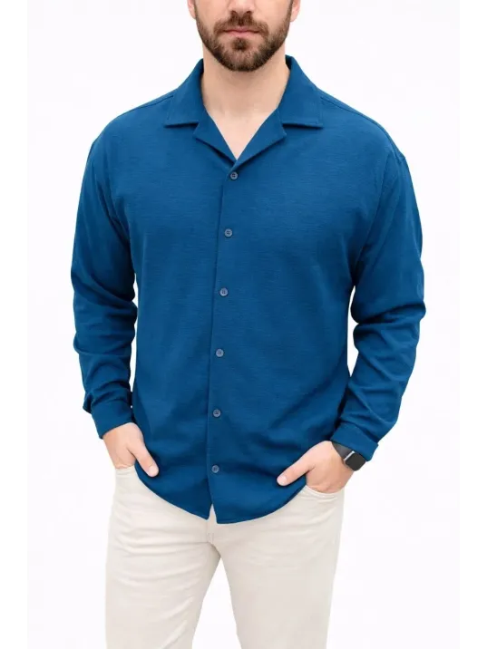 Erkek Aerobin Kumaş Oversize 4 Mevsim Uzun Kollu Rahat Kalıp Gömlek - İndigo