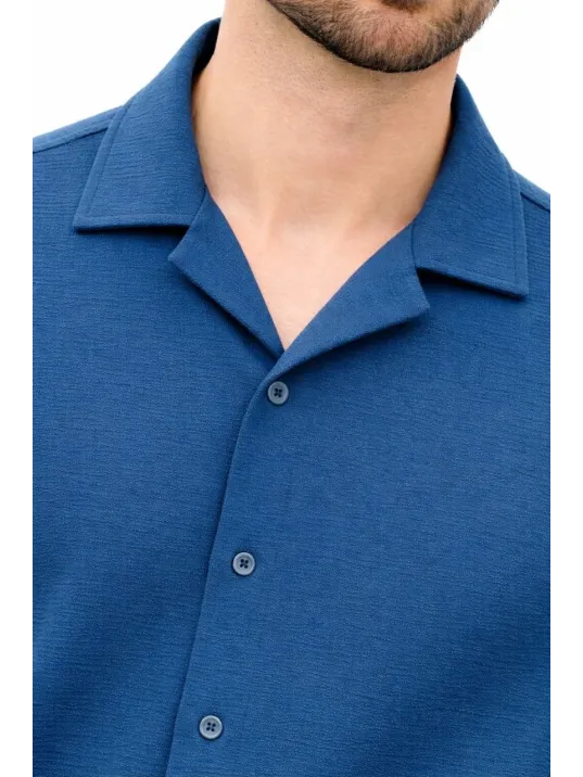 Erkek Aerobin Kumaş Oversize 4 Mevsim Uzun Kollu Rahat Kalıp Gömlek - İndigo