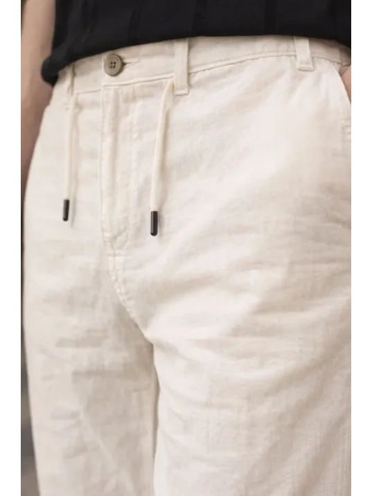 Erkek Keten Cepli Pantolon Lastikli Bel Bağcıklı Önden Fermuarlı - Krem