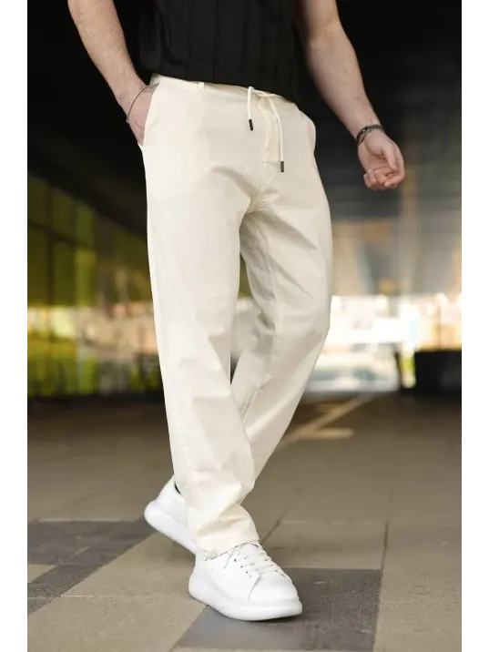 Erkek Keten Cepli Pantolon Lastikli Bel Bağcıklı Önden Fermuarlı - Krem