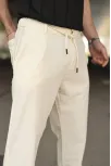 Erkek Keten Cepli Pantolon Lastikli Bel Bağcıklı Önden Fermuarlı - Krem