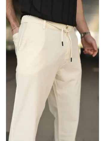 Erkek Keten Cepli Pantolon Lastikli Bel Bağcıklı Önden Fermuarlı - Krem