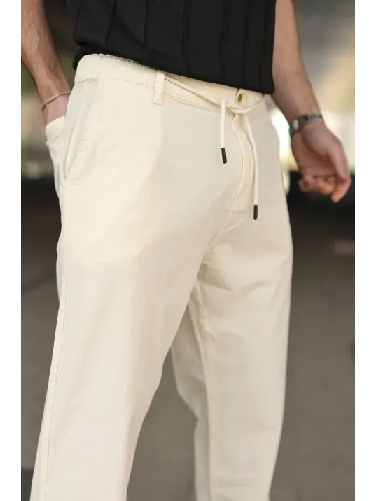 Erkek Keten Cepli Pantolon Lastikli Bel Bağcıklı Önden Fermuarlı - Krem