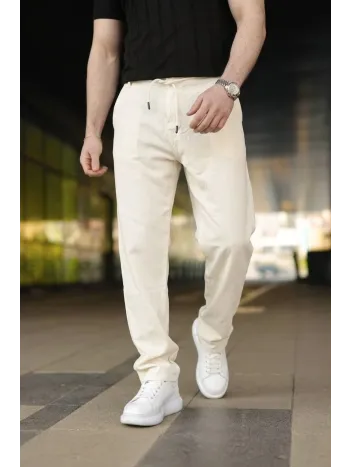 Erkek Keten Cepli Pantolon Lastikli Bel Bağcıklı Önden Fermuarlı - Krem