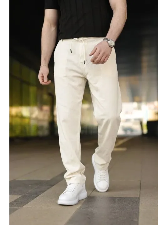Erkek Keten Cepli Pantolon Lastikli Bel Bağcıklı Önden Fermuarlı - Krem
