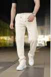 Erkek Keten Cepli Pantolon Lastikli Bel Bağcıklı Önden Fermuarlı - Krem