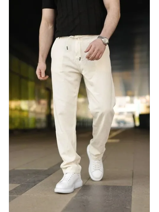 Erkek Keten Cepli Pantolon Lastikli Bel Bağcıklı Önden Fermuarlı - Krem