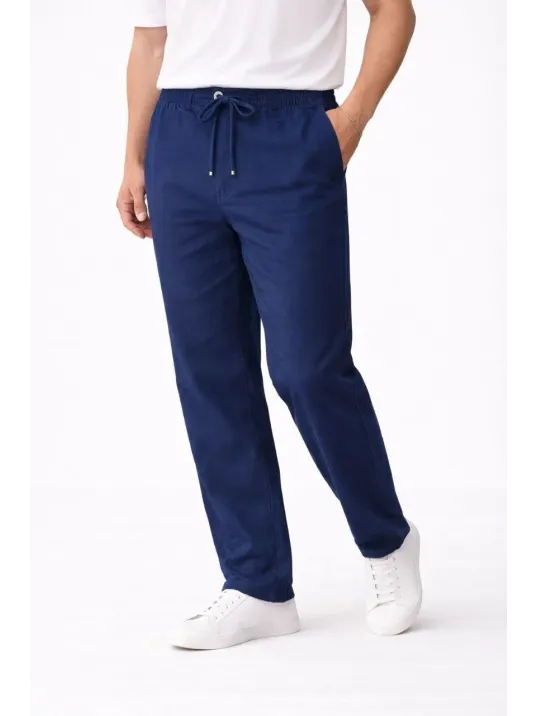 Erkek Keten Cepli Pantolon Lastikli Bel Bağcıklı Önden Fermuarlı - İndigo