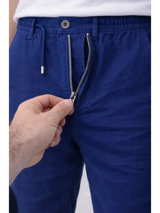 Erkek Keten Cepli Pantolon Lastikli Bel Bağcıklı Önden Fermuarlı - İndigo