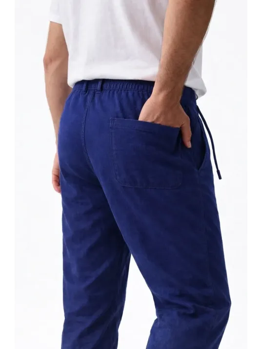 Erkek Keten Cepli Pantolon Lastikli Bel Bağcıklı Önden Fermuarlı - İndigo