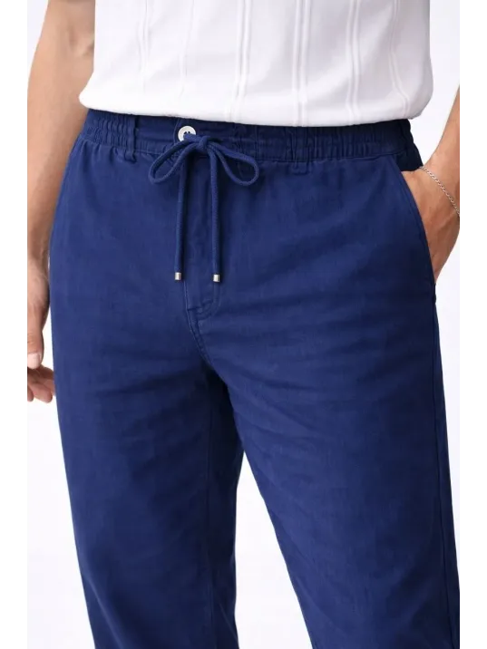 Erkek Keten Cepli Pantolon Lastikli Bel Bağcıklı Önden Fermuarlı - İndigo