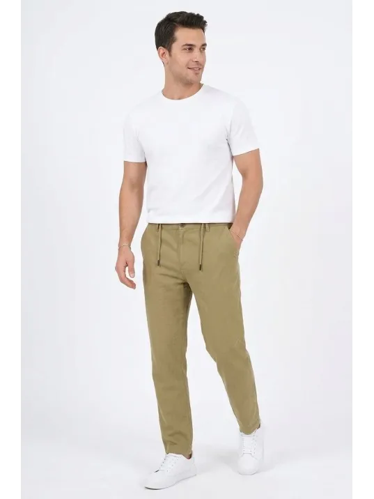 Erkek Keten Cepli Pantolon Lastikli Bel Bağcıklı Önden Fermuarlı - Mint Yeşili