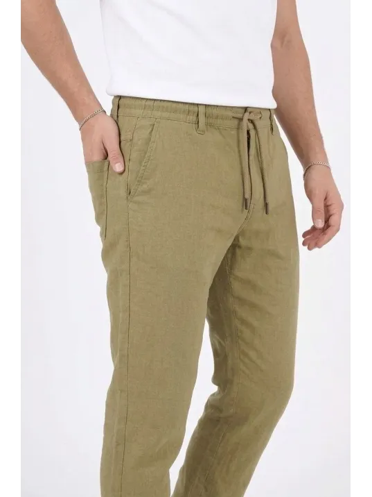 Erkek Keten Cepli Pantolon Lastikli Bel Bağcıklı Önden Fermuarlı - Mint Yeşili