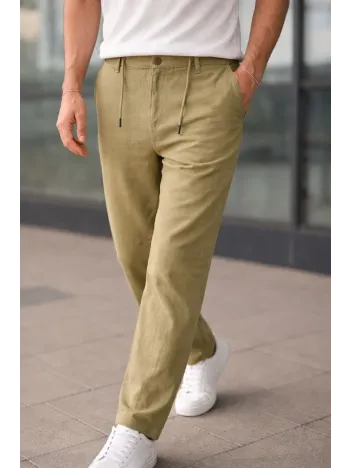 Erkek Keten Cepli Pantolon Lastikli Bel Bağcıklı Önden Fermuarlı - Mint Yeşili