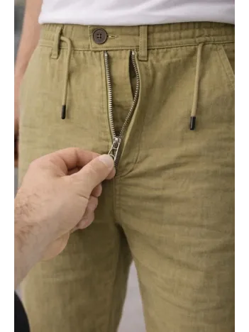 Erkek Keten Cepli Pantolon Lastikli Bel Bağcıklı Önden Fermuarlı - Mint Yeşili