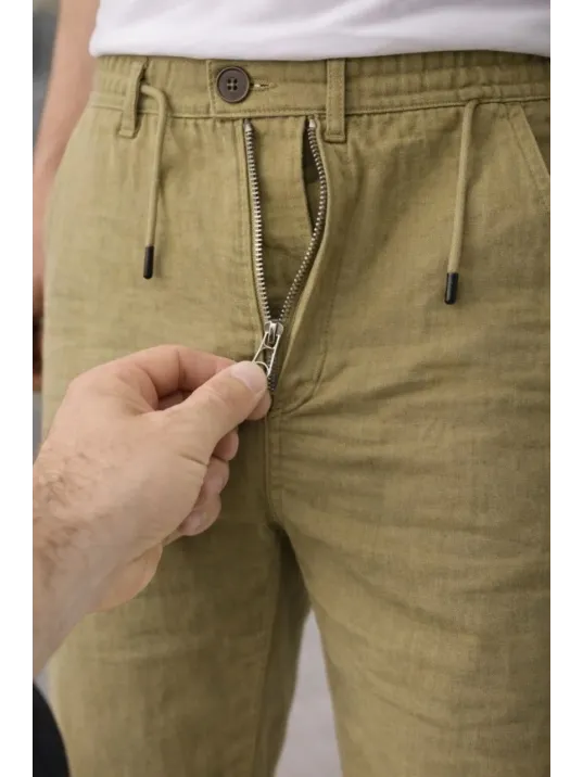 Erkek Keten Cepli Pantolon Lastikli Bel Bağcıklı Önden Fermuarlı - Mint Yeşili