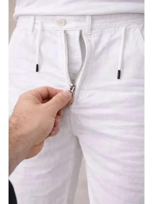 Erkek Keten Cepli Pantolon Lastikli Bel Bağcıklı Önden Fermuarlı - Beyaz