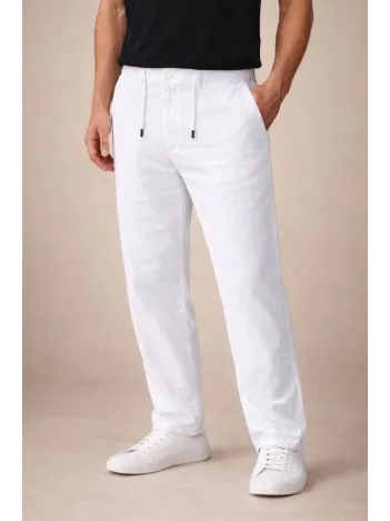 Erkek Keten Cepli Pantolon Lastikli Bel Bağcıklı Önden Fermuarlı - Beyaz