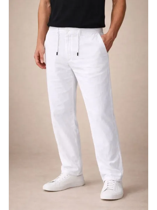 Erkek Keten Cepli Pantolon Lastikli Bel Bağcıklı Önden Fermuarlı - Beyaz