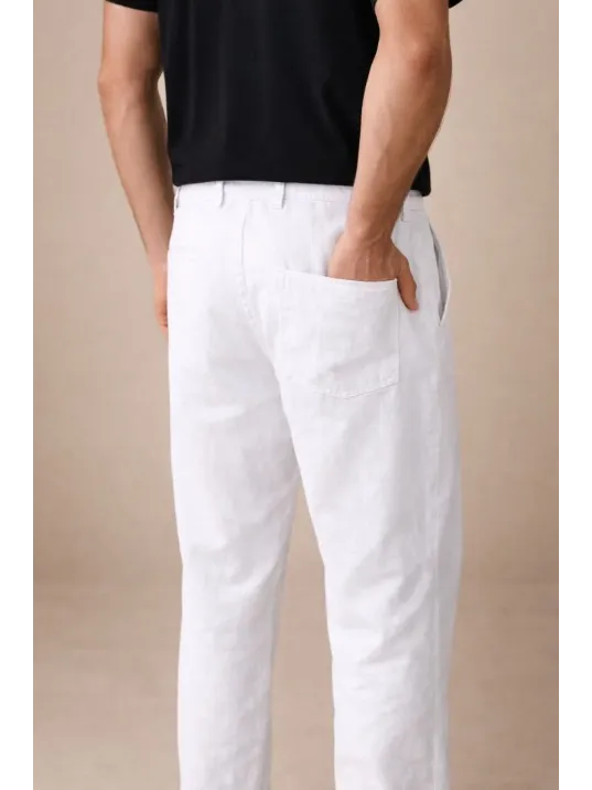 Erkek Keten Cepli Pantolon Lastikli Bel Bağcıklı Önden Fermuarlı - Beyaz