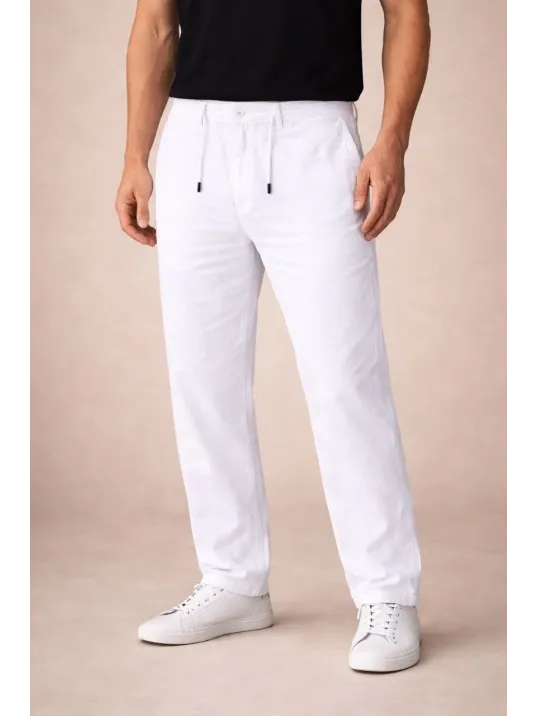Erkek Keten Cepli Pantolon Lastikli Bel Bağcıklı Önden Fermuarlı - Beyaz