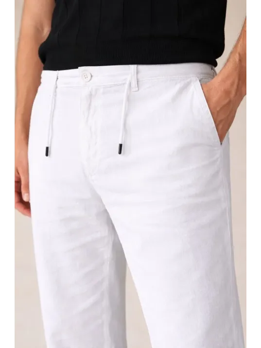 Erkek Keten Cepli Pantolon Lastikli Bel Bağcıklı Önden Fermuarlı - Beyaz