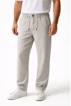 Erkek Keten Cepli Pantolon Lastikli Bel Bağcıklı Önden Fermuarlı - Gri