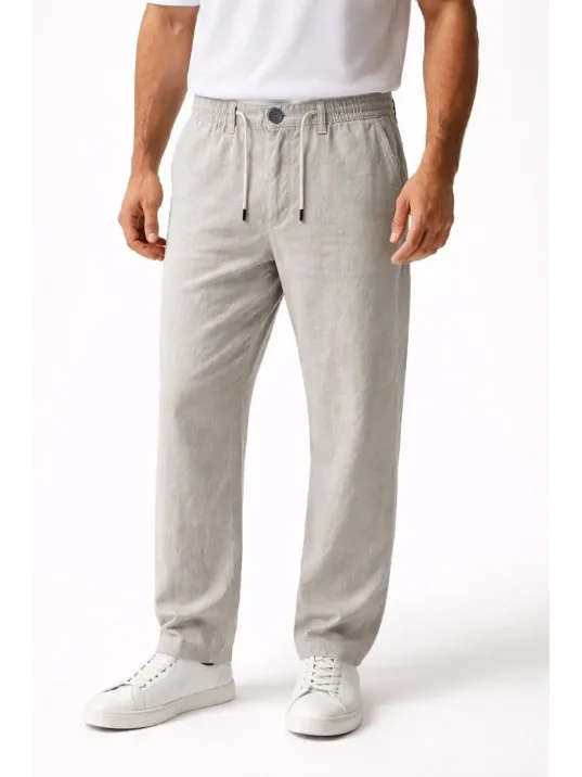 Erkek Keten Cepli Pantolon Lastikli Bel Bağcıklı Önden Fermuarlı - Gri