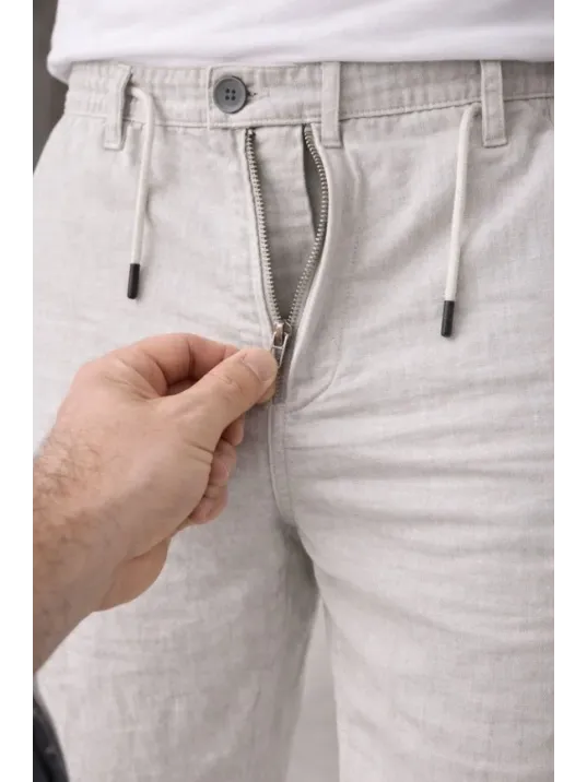 Erkek Keten Cepli Pantolon Lastikli Bel Bağcıklı Önden Fermuarlı - Gri