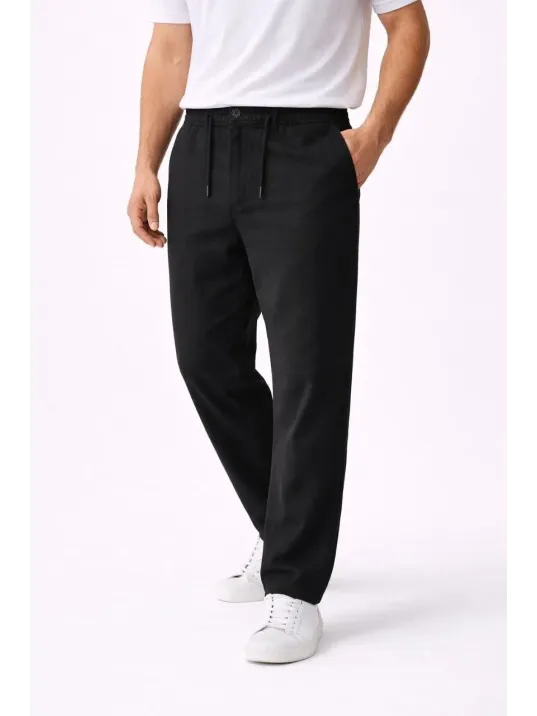 Erkek Keten Cepli Pantolon Lastikli Bel Bağcıklı Önden Fermuarlı - Siyah