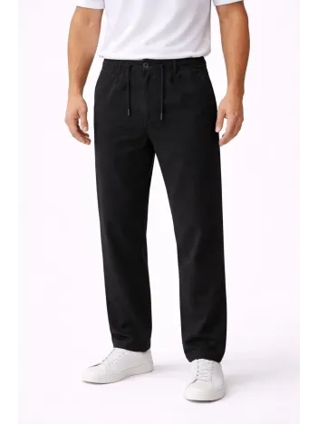 Erkek Keten Cepli Pantolon Lastikli Bel Bağcıklı Önden Fermuarlı - Siyah