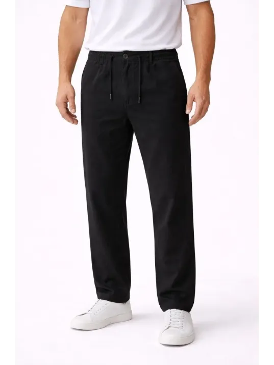 Erkek Keten Cepli Pantolon Lastikli Bel Bağcıklı Önden Fermuarlı - Siyah