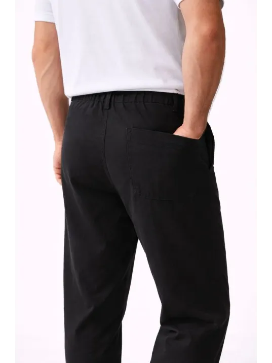 Erkek Keten Cepli Pantolon Lastikli Bel Bağcıklı Önden Fermuarlı - Siyah