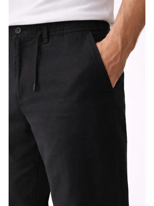 Erkek Keten Cepli Pantolon Lastikli Bel Bağcıklı Önden Fermuarlı - Siyah