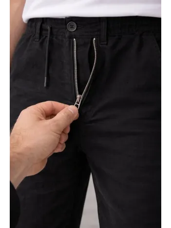 Erkek Keten Cepli Pantolon Lastikli Bel Bağcıklı Önden Fermuarlı - Siyah