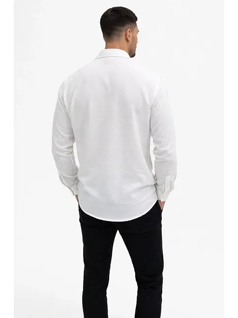 Erkek Keten Kumaş Oversize Uzun Kollu Rahat Kalıp Gömlek - Beyaz