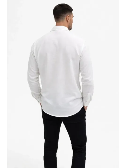 Erkek Keten Kumaş Oversize Uzun Kollu Rahat Kalıp Gömlek - Beyaz