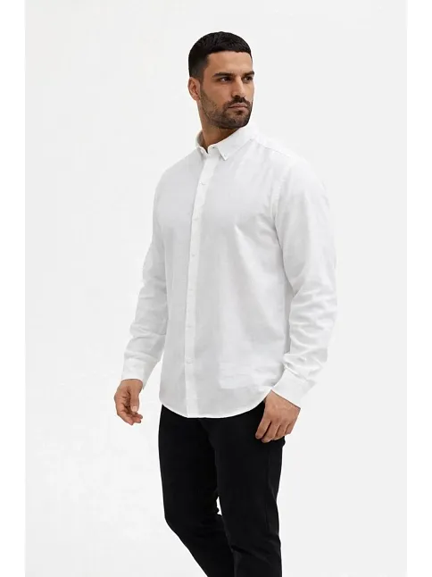 Erkek Keten Kumaş Oversize Uzun Kollu Rahat Kalıp Gömlek - Beyaz