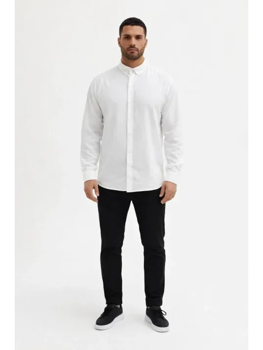 Erkek Keten Kumaş Oversize Uzun Kollu Rahat Kalıp Gömlek - Beyaz