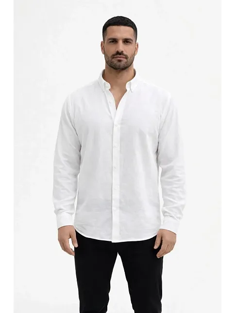 Erkek Keten Kumaş Oversize Uzun Kollu Rahat Kalıp Gömlek - Beyaz