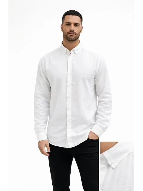 Erkek Keten Kumaş Oversize Uzun Kollu Rahat Kalıp Gömlek - Beyaz