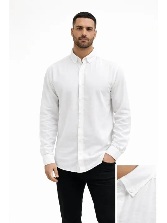 Erkek Keten Kumaş Oversize Uzun Kollu Rahat Kalıp Gömlek - Beyaz