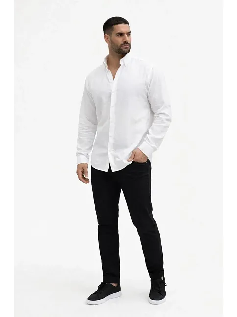 Erkek Keten Kumaş Oversize Uzun Kollu Rahat Kalıp Gömlek - Beyaz
