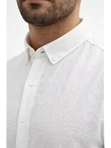 Erkek Keten Kumaş Oversize Uzun Kollu Rahat Kalıp Gömlek - Beyaz