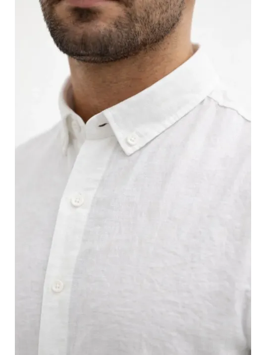 Erkek Keten Kumaş Oversize Uzun Kollu Rahat Kalıp Gömlek - Beyaz