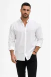 Erkek Keten Kumaş Oversize Uzun Kollu Rahat Kalıp Gömlek - Beyaz