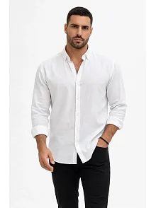 Erkek Keten Kumaş Oversize Uzun Kollu Rahat Kalıp Gömlek - Beyaz