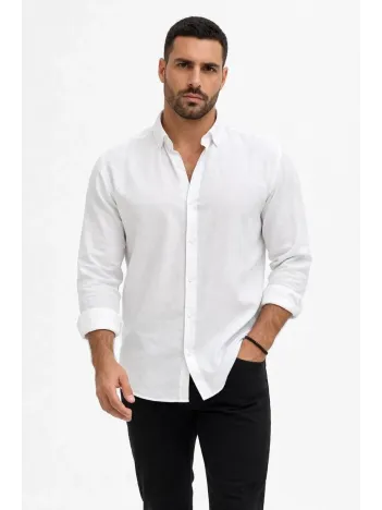 Erkek Keten Kumaş Oversize Uzun Kollu Rahat Kalıp Gömlek - Beyaz