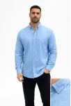 Erkek Keten Kumaş Oversize Uzun Kollu Rahat Kalıp Gömlek - Açık Mavi
