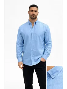 Erkek Keten Kumaş Oversize Uzun Kollu Rahat Kalıp Gömlek - Açık Mavi